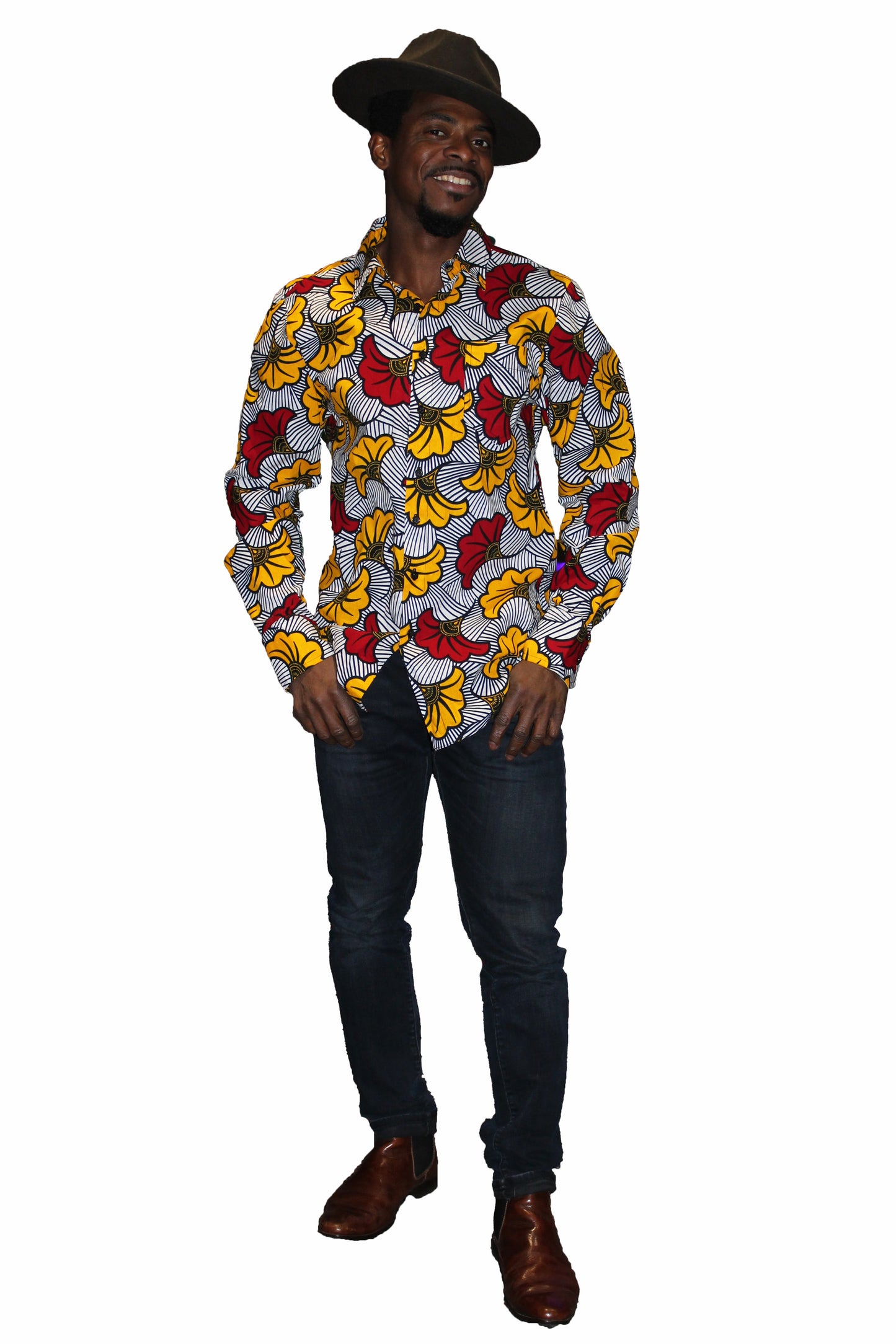 Weißes Hemd mit gelb-roten Blumen