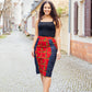 Rock aus Denim und rotem Baumwollstoff