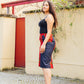 Rock aus Denim und rotem Baumwollstoff