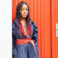 Denim-Hoodie-Wickelkleid mit rotem African-Print